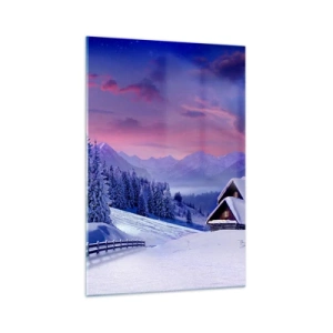 Obraz na szkle - Zimowy krajobraz z domkami w górach o zachodzie słońca - 70x100cm - Cicha noc - Nowoczesna dekoracja ścienna do salonu i sypialni ARTTOR
