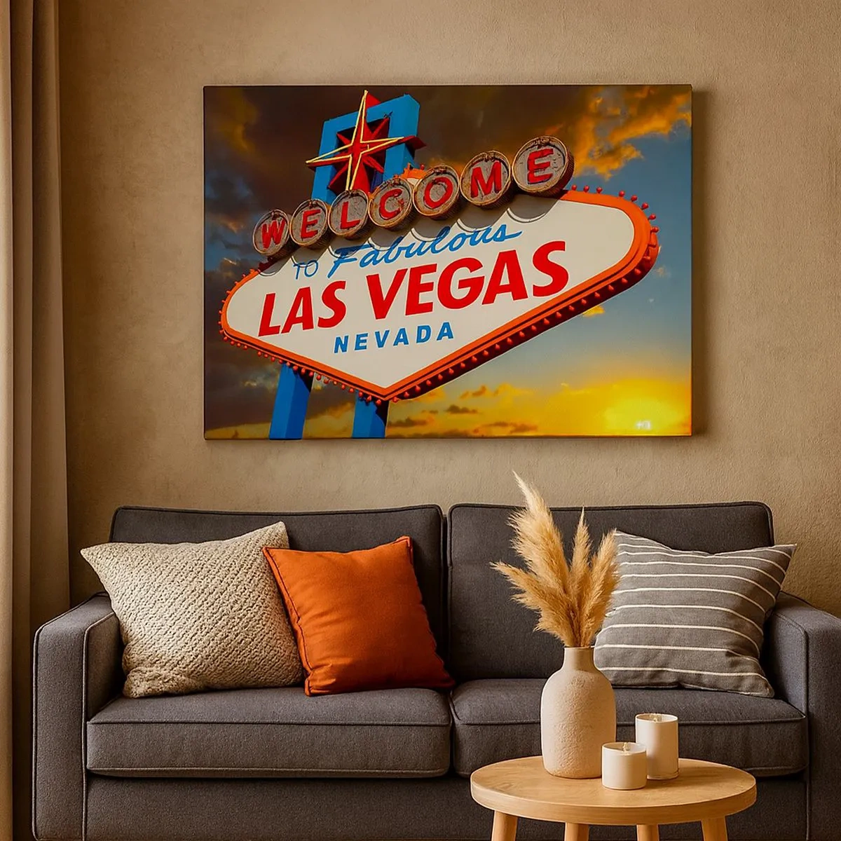 Obraz na płótnie - Słynny znak Welcome to Fabulous Las Vegas o zachodzie słońca - 70x50cm - Po uśmiech losu - Nowoczesna dekoracja ścienna do salonu i sypialni ARTTOR