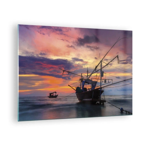 Obraz na szkle - Łodzie rybackie na morzu o zachodzie słońca - 70x50cm - Egzotyczny wieczór - Nowoczesna dekoracja ścienna do salonu i sypialni ARTTOR
