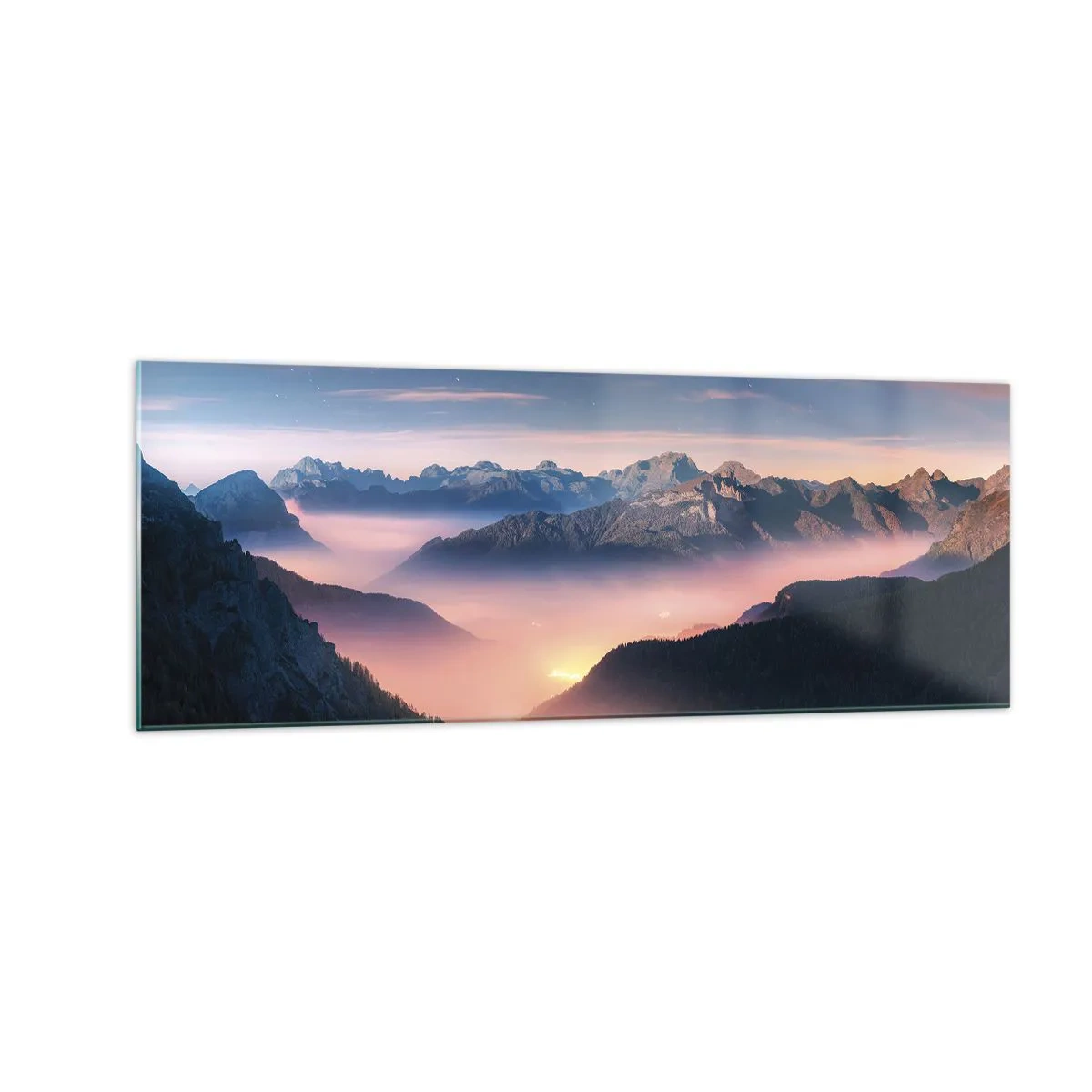Obraz na szkle - Górski krajobraz z doliną wypełnioną mgłą - 140x50cm - Światło w dolinach - Nowoczesna dekoracja ścienna do salonu i sypialni ARTTOR