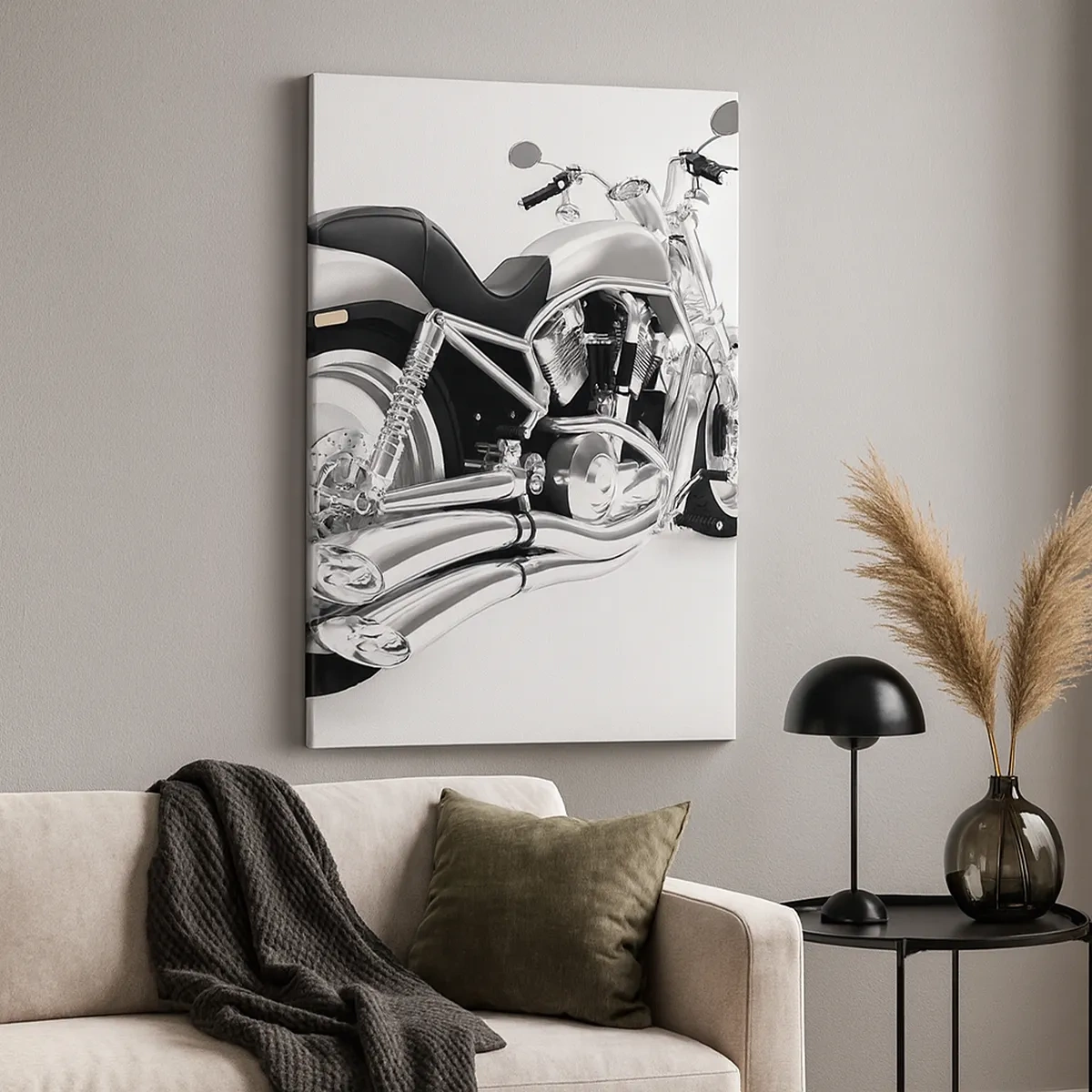 Obraz na płótnie - Chromowany motocykl w nowoczesnym designie - 50x70cm - Marzenie kolekcjonera - Nowoczesna dekoracja ścienna do salonu, kuchni i sypialni ARTTOR