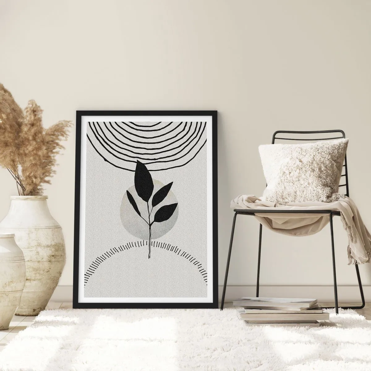 Plakat w czarnej ramie - Minimalistyczna ilustracja liścia z geometrycznymi wzorami - 50x70cm - Kompozycja: rytuały natury - Nowoczesna dekoracja ścienna do salonu i sypialni ARTTOR