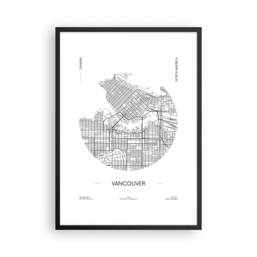 Plakat w czarnej ramie - Minimalistyczna mapa Vancouver w czarno-białej tonacji - 50x70cm - Anatomia Vancouver - Nowoczesna dekoracja ścienna do salonu i sypialni ARTTOR
