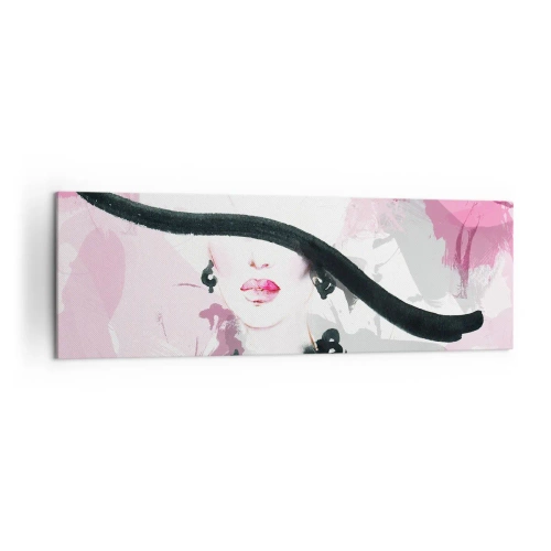 Obraz na płótnie - Elegancka kobieta w kapeluszu na tle różowych abstrakcji - 160x50cm - Portret damy w czerni i różu - Nowoczesna dekoracja ścienna do salonu i sypialni ARTTOR
