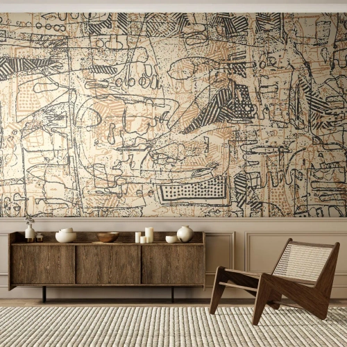 Fototapeta Premium Sand - Abstrakcyjny wzór złożony z linii, znaków i beżowych plam - 100x70cm - Czeka na rozszyfrowanie - Nowoczesna dekoracja ścienna do salonu, kuchni i sypialni ARTTOR