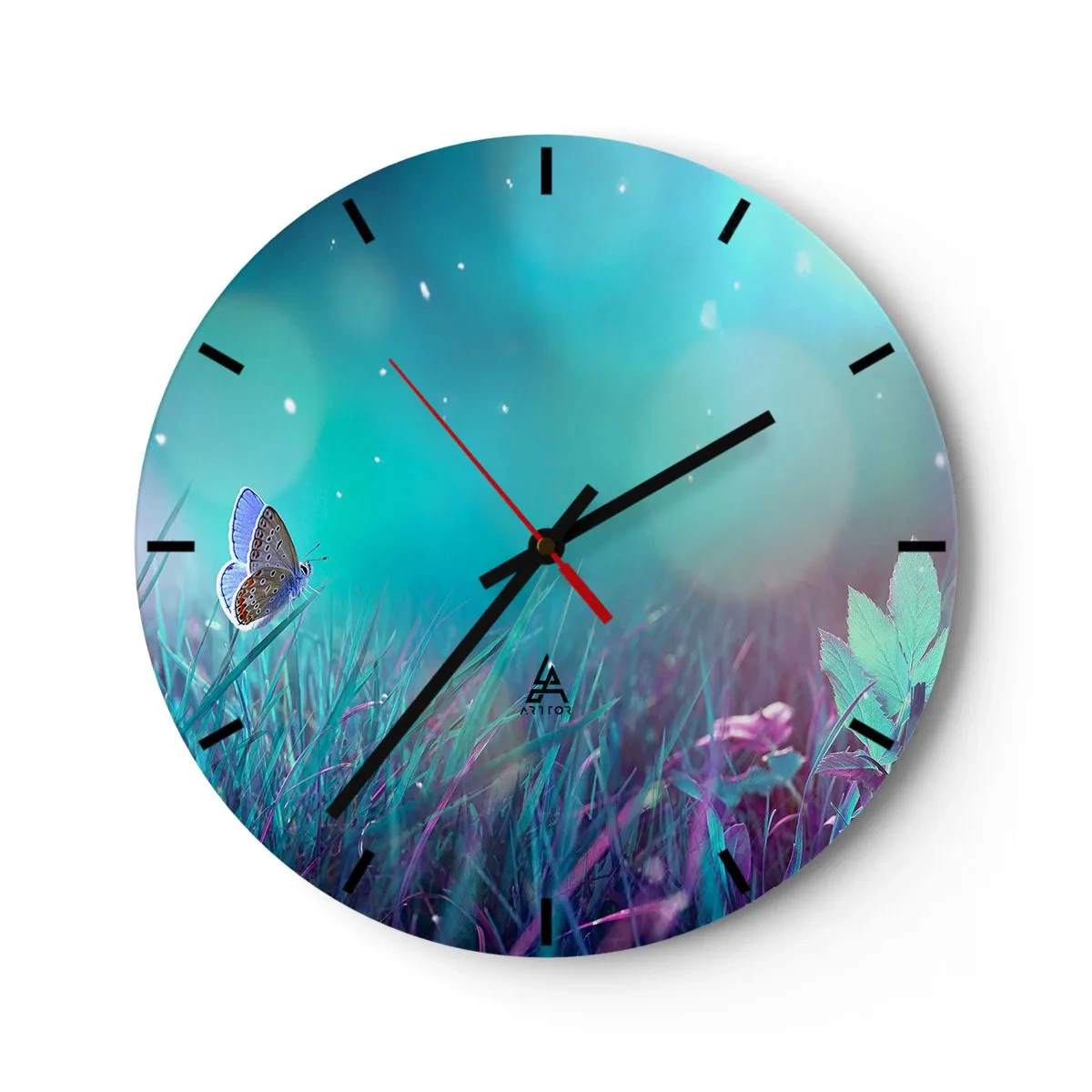 Zegar ścienny - Motyl na trawie w świetle pastelowych kolorów i rozbłysków - 30x30cm - Sekretne życie łąki - Nowoczesna dekoracja ścienna do salonu, kuchni i sypialni ARTTOR