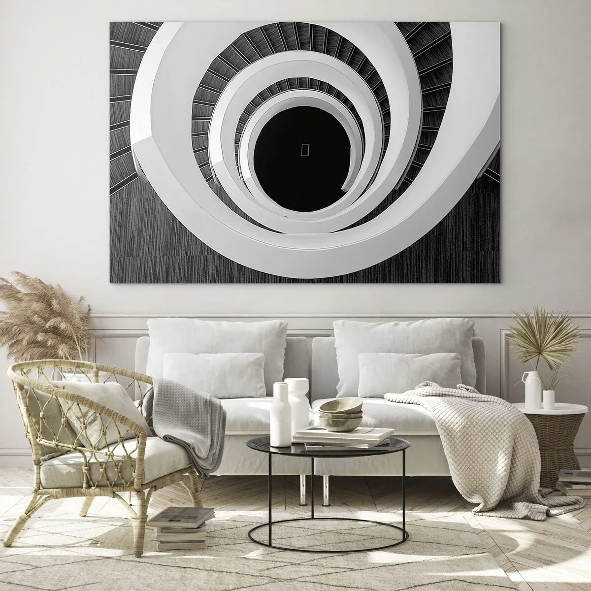 Obraz na szkle - Spiralne schody w czerni i bieli z perspektywy z góry - 100x70cm - Do istoty rzeczy - Nowoczesna dekoracja ścienna do salonu, kuchni i sypialni ARTTOR