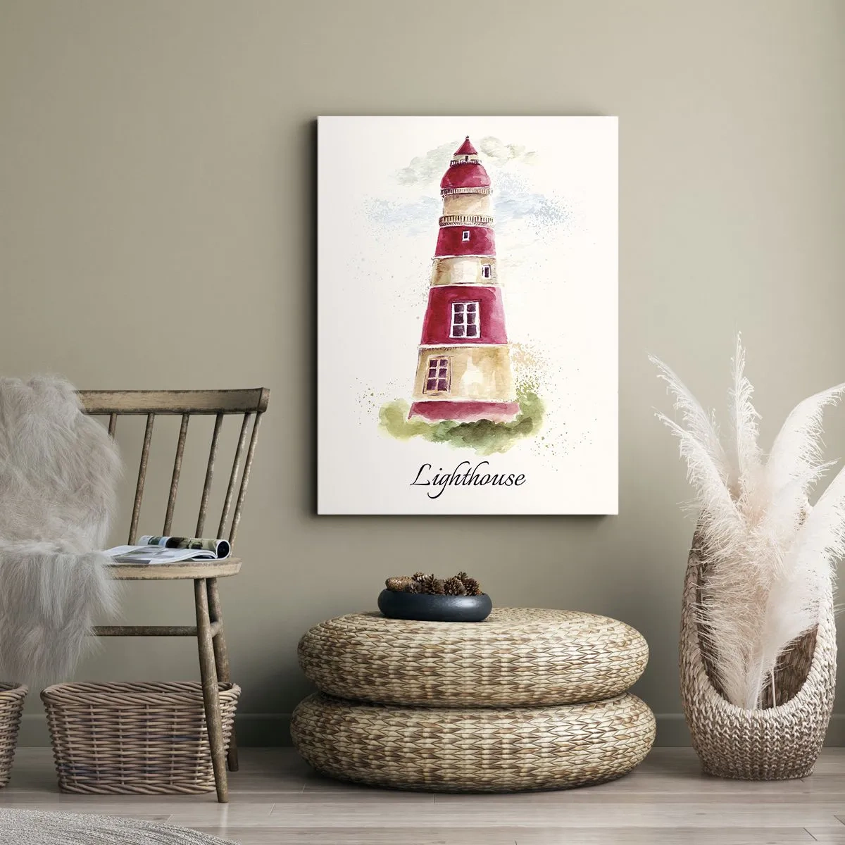 Obraz na płótnie - Akwarelowa ilustracja czerwono-białej latarni morskiej z napisem Lighthouse - 50x70cm - Wokół zawsze pogoda - Nowoczesna dekoracja ścienna do salonu, kuchni i sypialni ARTTOR