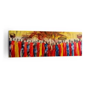 Obraz na płótnie - Kolorowa scena z afrykańskimi postaciami na tle zachodzącego słońca - 160x50cm - Tam, tam, tam tam idą - Nowoczesna dekoracja ścienna do salonu i sypialni ARTTOR