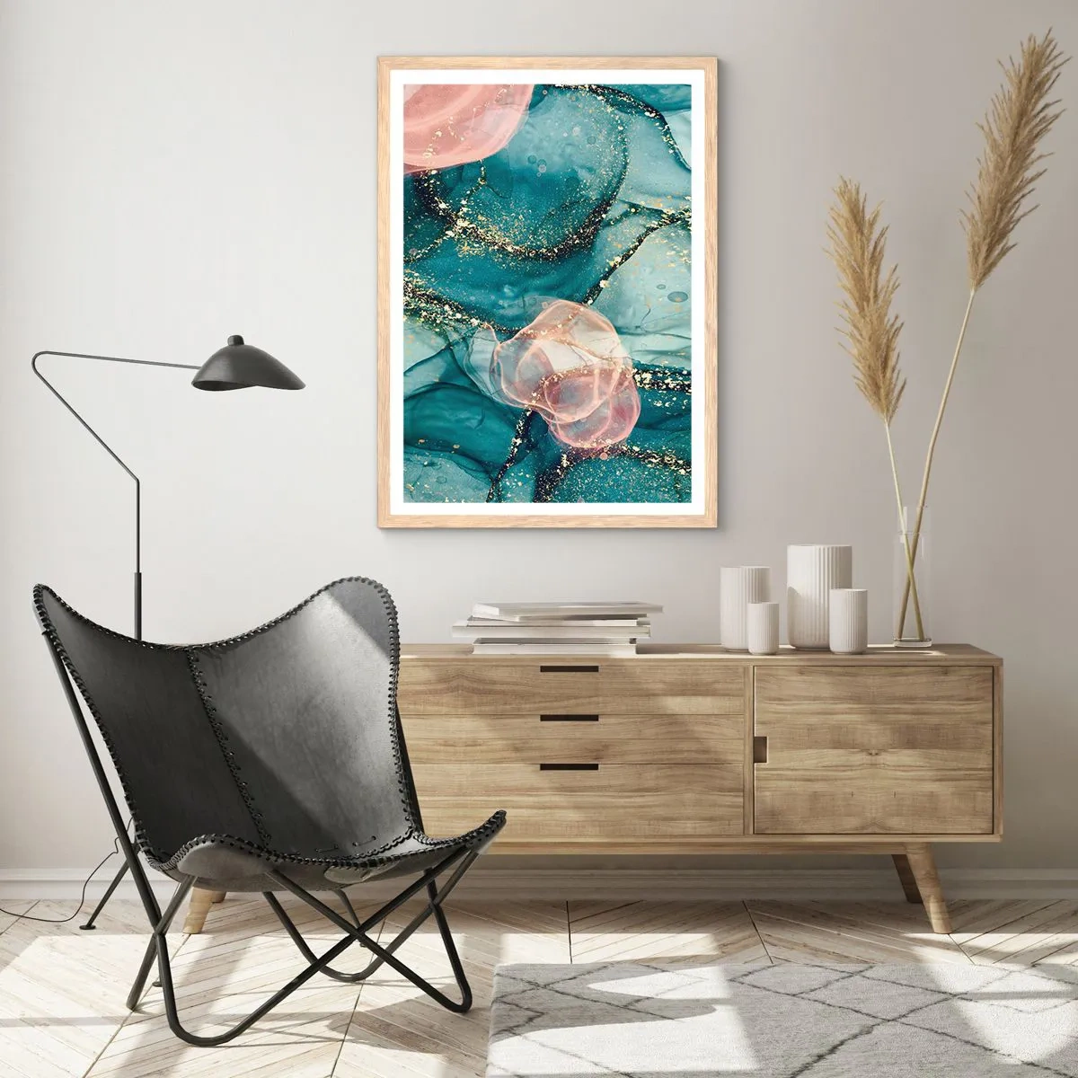 Plakat w ramie jasny dąb - Jedwabny błękit, tiulowy róż - 70x100 cm