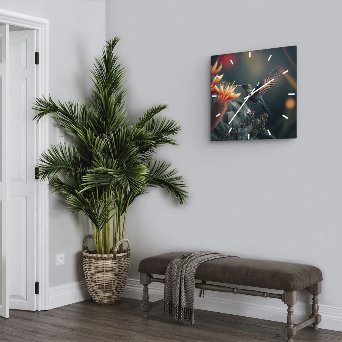Zegar ścienny - Kolorowy koliber przy kwiatach na tle natury - 30x30cm - naprawdę barwne życie - Nowoczesna dekoracja ścienna do salonu i sypialni ARTTOR