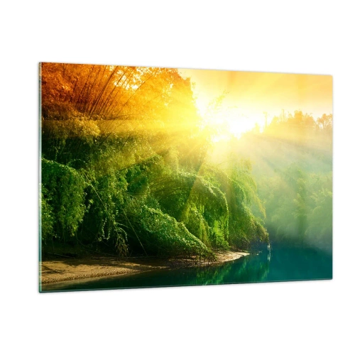 Obraz na szkle - Słoneczne promienie nad zieloną roślinnością przy rzece - 120x80cm - Utonąć w słońcu i w cieniu - Nowoczesna dekoracja ścienna do salonu, kuchni i sypialni ARTTOR