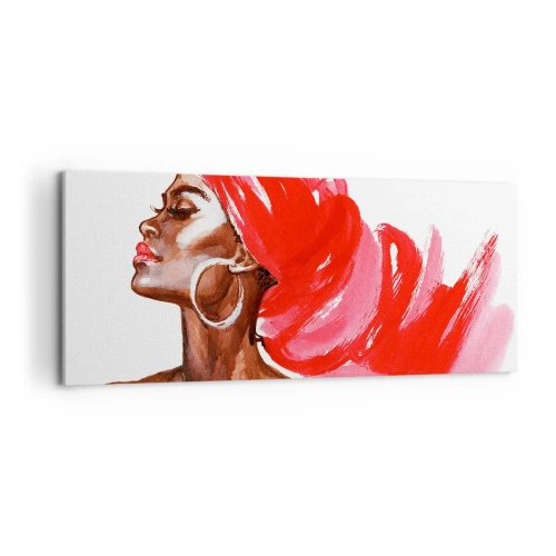 Obraz na płótnie - Profil kobiety z czerwonym turbanem i kolczykami - 120x50cm - "Jest wiatr, co nozdrza mężczyzny rozchyla" - Nowoczesna dekoracja ścienna do salonu i sypialni ARTTOR