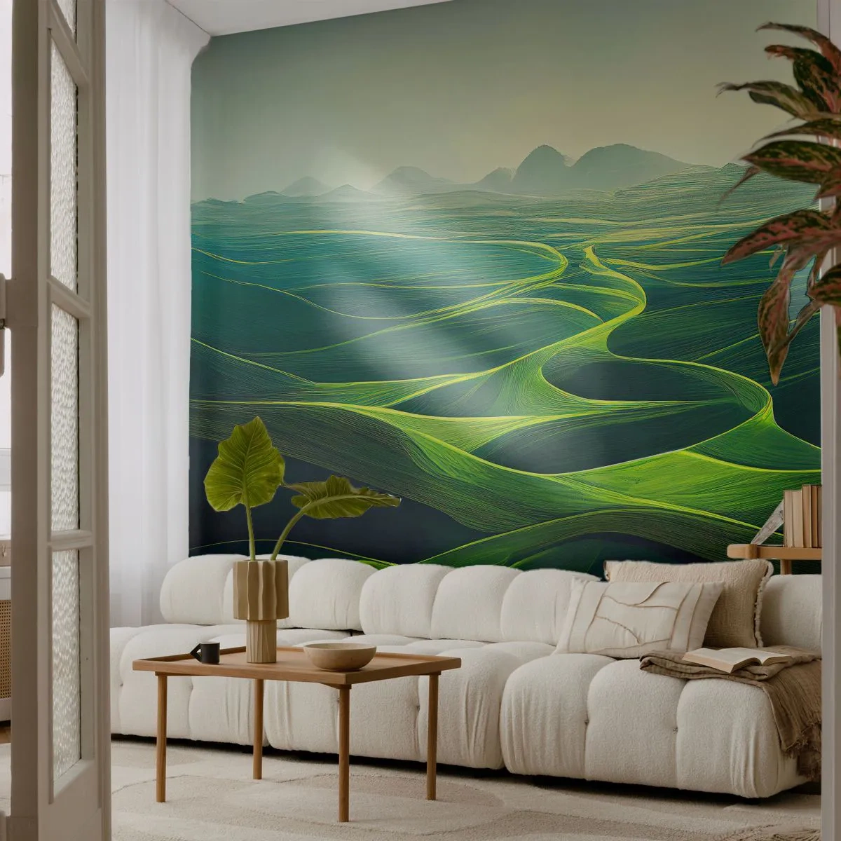Fototapeta Premium Sand - Falujące zielone doliny oświetlone promieniami słońca - 100x70cm - W zielonych dolinach - Nowoczesna dekoracja ścienna do salonu, kuchni i sypialni ARTTOR