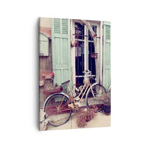 Obraz na płótnie - Stary rower przed domem z miętowymi okiennicami - 50x70cm - Niech żyje prowincja - Nowoczesna dekoracja ścienna do salonu, kuchni i sypialni ARTTOR