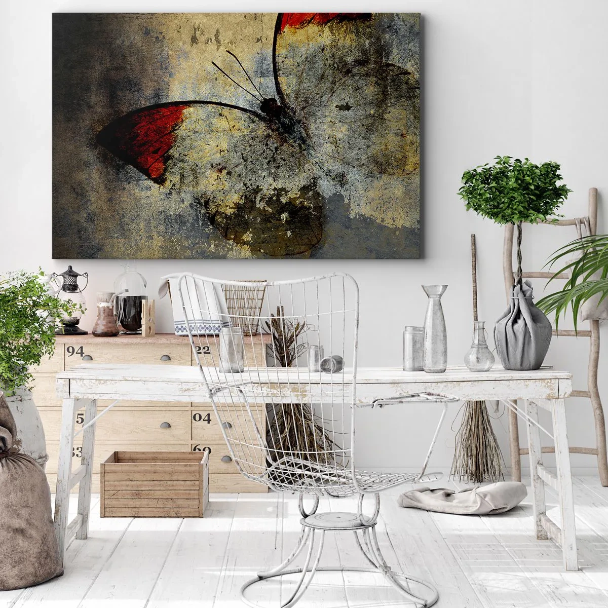 Obraz na płótnie - Motyl w odcieniach czerwieni i szarości na teksturowanym tle - 70x50cm - Patrz, zanim zniknę - Nowoczesna dekoracja ścienna do salonu i sypialni ARTTOR