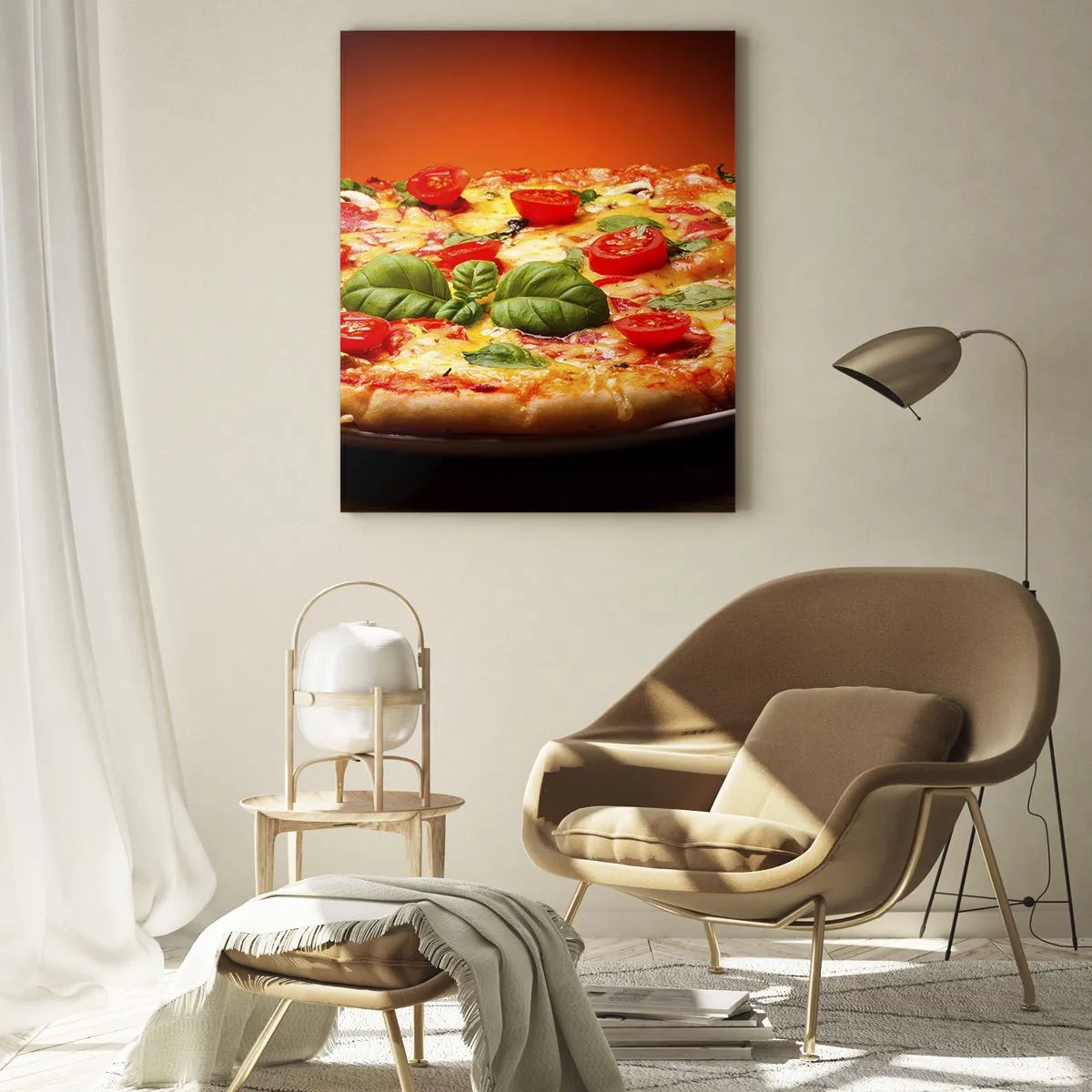 Obraz na szkle - Pizza z pomidorami i bazylią na drewnianym stole - 80x120cm - Mamma mia! - Nowoczesna dekoracja ścienna do salonu i sypialni ARTTOR
