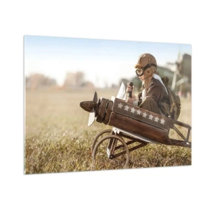 Obraz na szkle - Dziecko w drewnianym samolocie, udające pilota, w ubraniu lotniczym - 100x70cm - Start ku marzeniu - Nowoczesna dekoracja ścienna do salonu, kuchni i sypialni ARTTOR