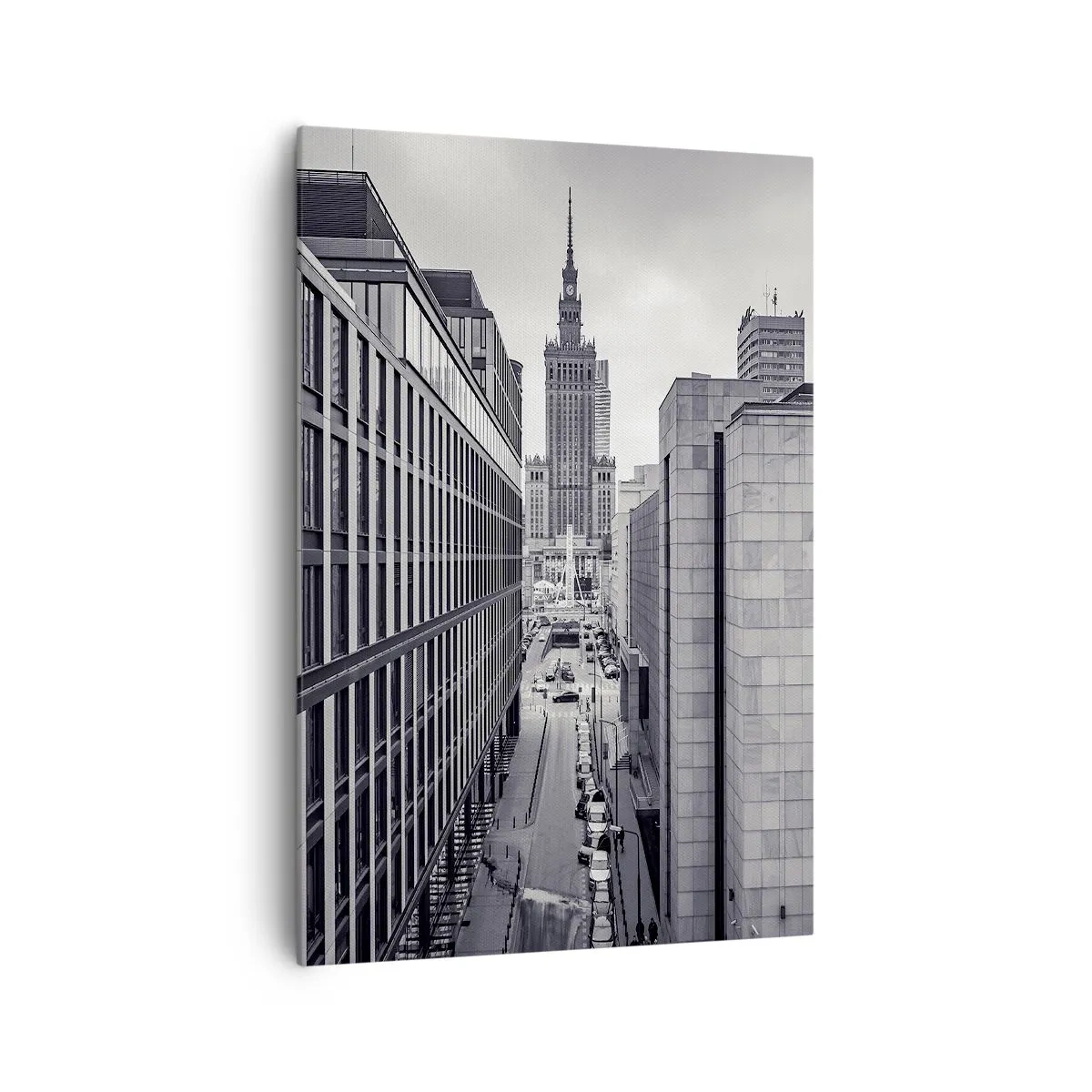 Obraz na płótnie - Panorama Warszawy z widokiem na Pałac Kultury i otaczające budynki - 70x100cm - Warszawska dolina - Nowoczesna dekoracja ścienna do salonu i sypialni ARTTOR