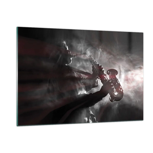 Obraz na szkle - Saksofonista w oparach dymu w czerni i bieli - 120x80cm - W oparach jazzu - Nowoczesna dekoracja ścienna do salonu, kuchni i sypialni ARTTOR