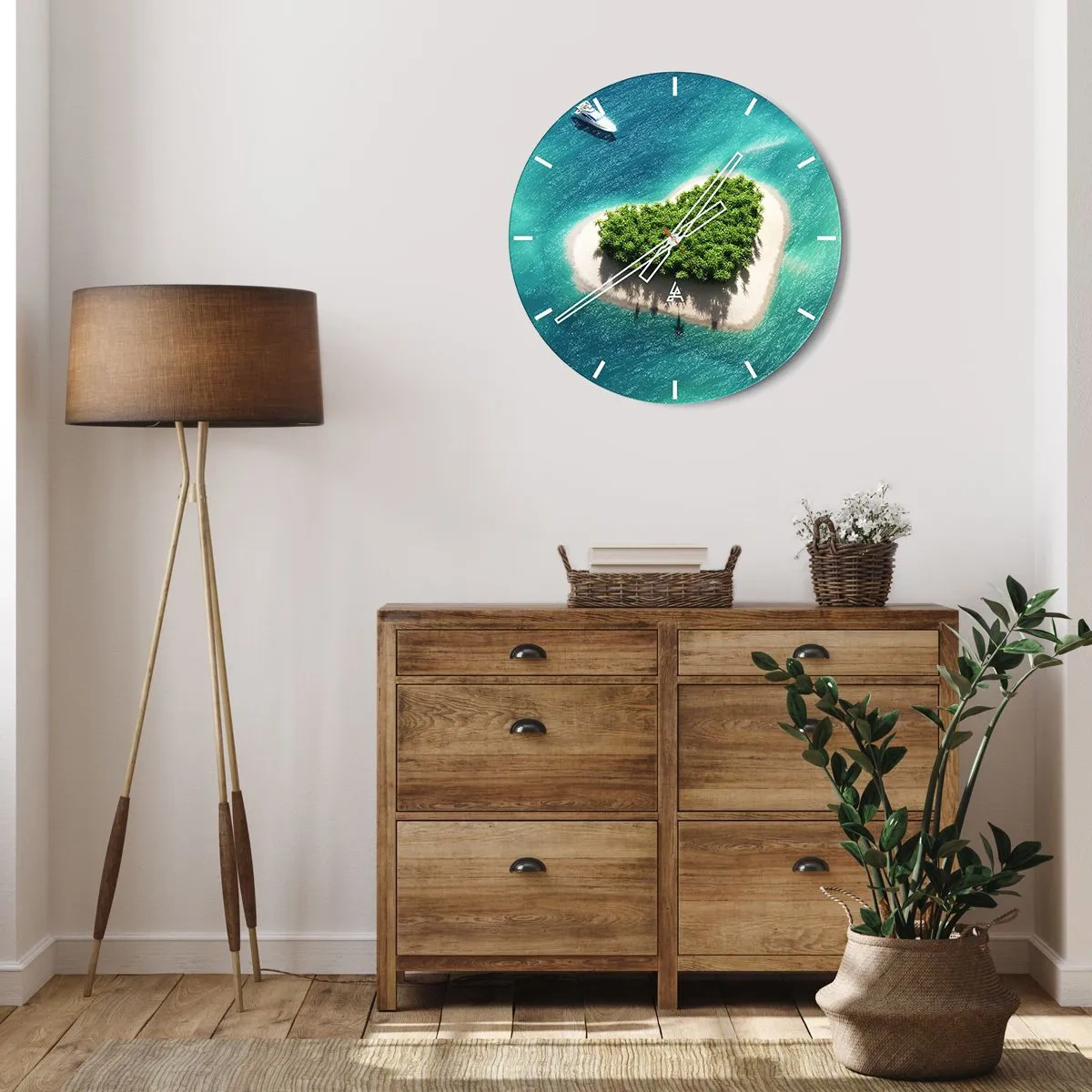 Zegar ścienny - Wyspa w kształcie serca na tle turkusowego morza - 30x30cm - Kocham lato - Nowoczesna dekoracja ścienna do salonu, kuchni i sypialni ARTTOR