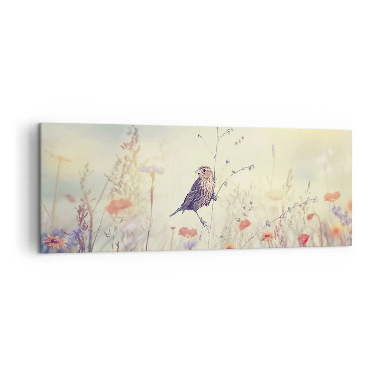 Obraz na płótnie - Ptak na tle kolorowej łąki w pastelowych barwach - 140x50cm - Ptasi portret z łąką w tle - Nowoczesna dekoracja ścienna do salonu i sypialni ARTTOR
