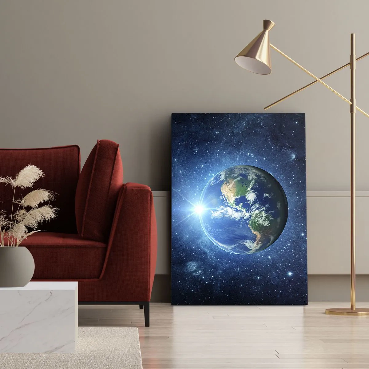 Obraz na płótnie - Ziemia widziana z kosmosu na tle gwiazd - 50x70cm - Jesteśmy w niebie - Nowoczesna dekoracja ścienna do salonu, kuchni i sypialni ARTTOR