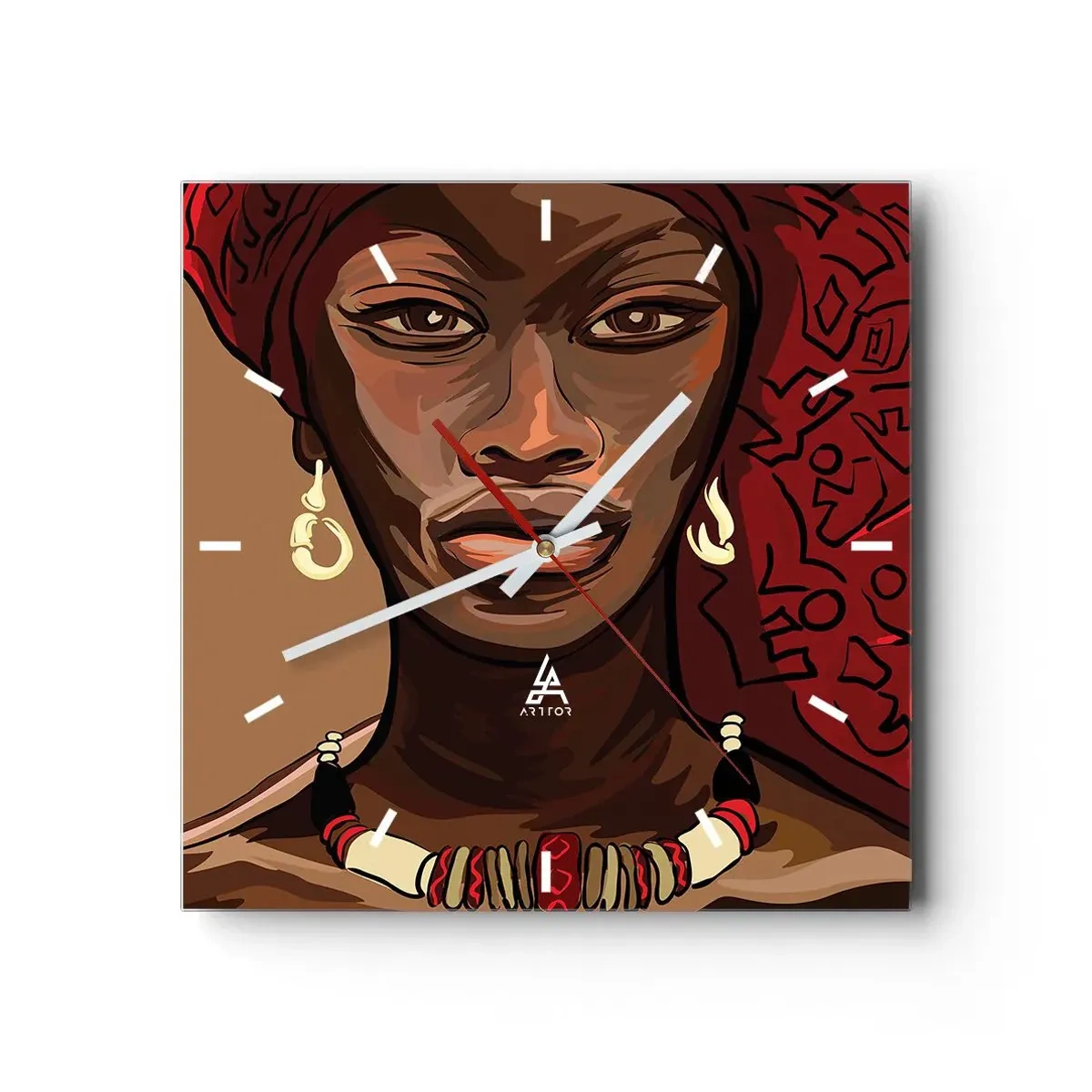 Zegar ścienny - Portret kobiety z czerwonym turbanem na beżowym tle - 30x30cm - Hebanowa Wenus - Nowoczesna dekoracja ścienna do salonu i sypialni ARTTOR