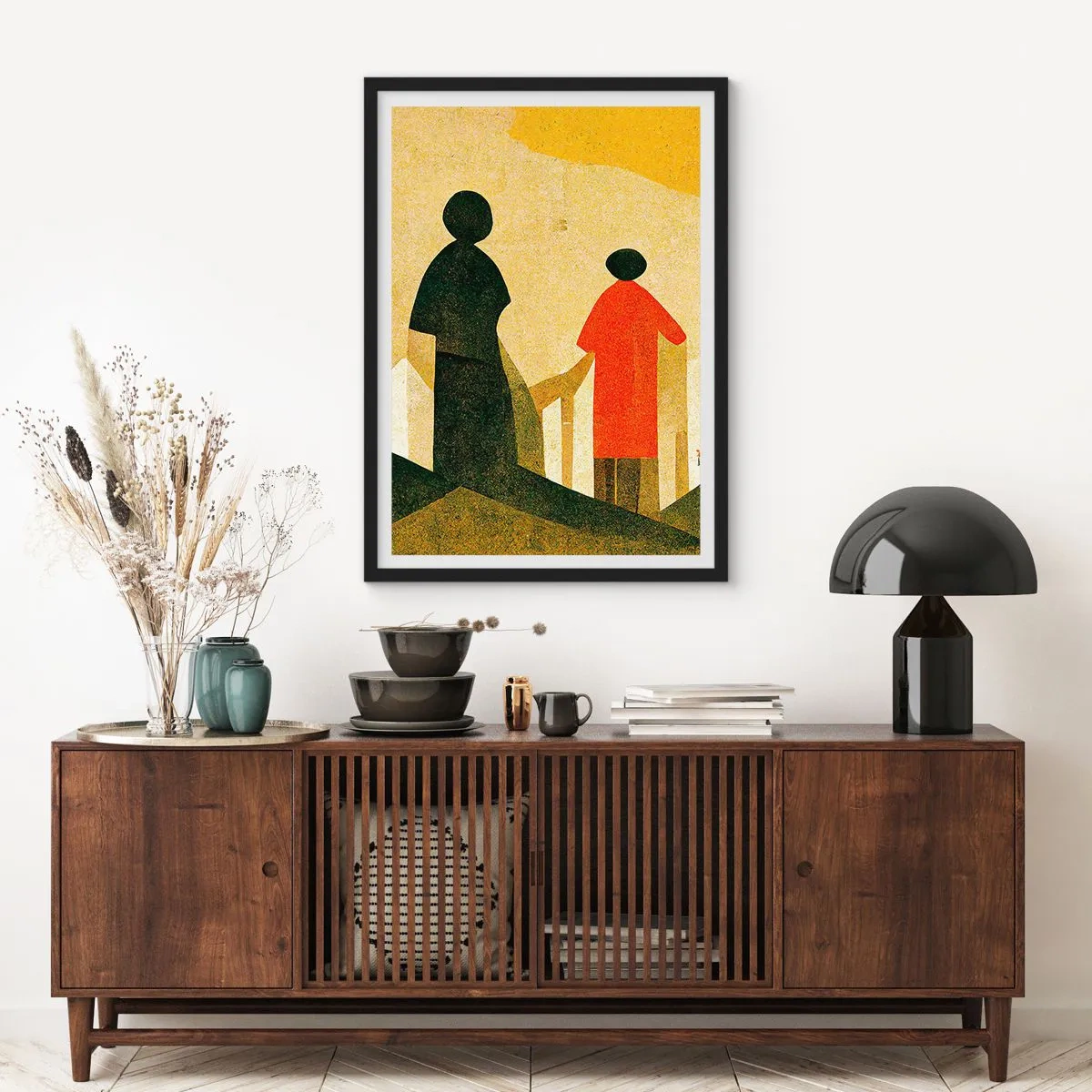 Plakat w czarnej ramie - Geometryczne sylwetki postaci na tle abstrakcyjnego krajobrazu - 50x70cm - Jeszcze daleka droga - Nowoczesna dekoracja ścienna do salonu i sypialni ARTTOR