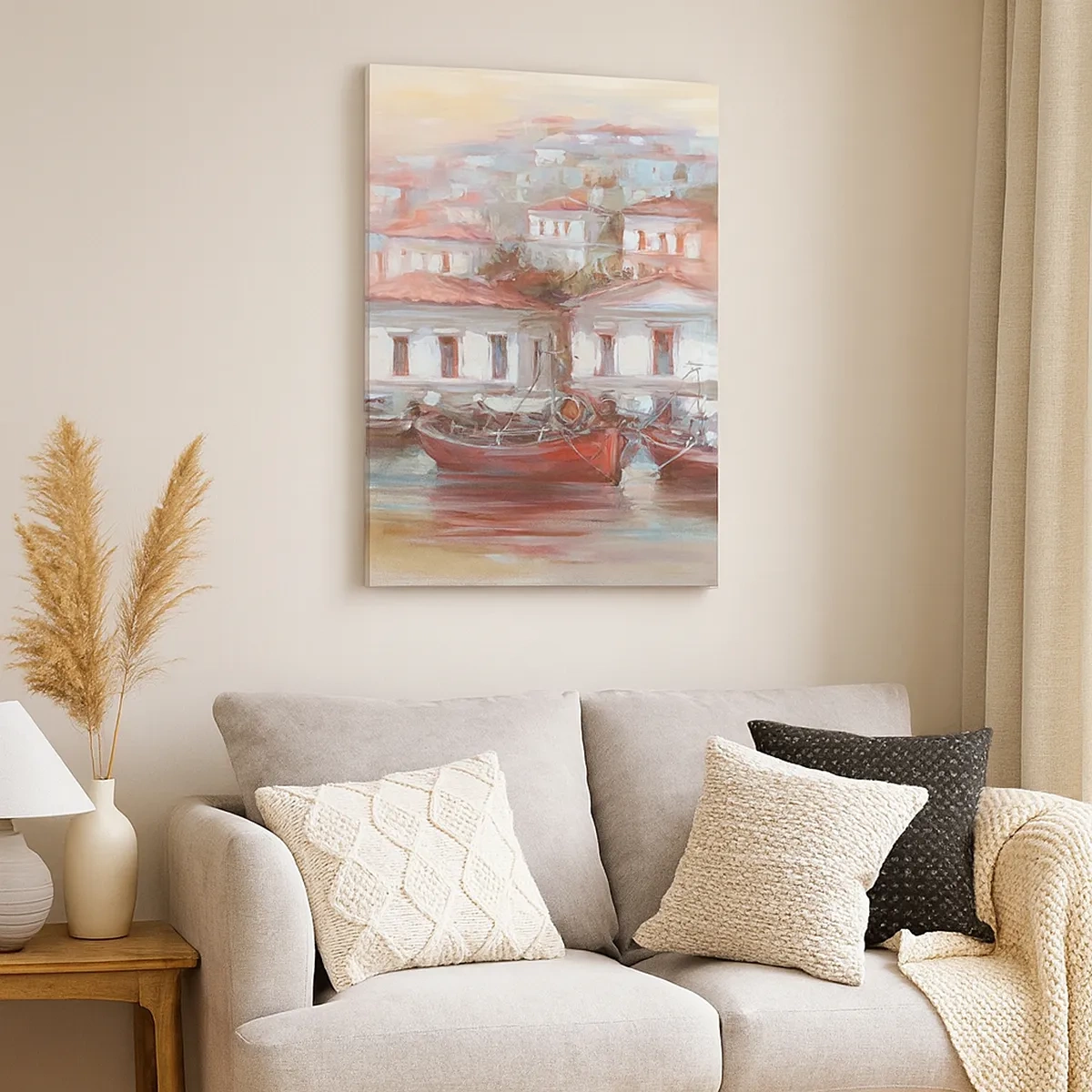 Obraz na płótnie - Malownicze miasteczko nad wodą z kolorowymi łódkami w stylu impresjonistycznym - 50x70cm - Szczęśliwe miasteczko - Nowoczesna dekoracja ścienna do salonu, kuchni i sypialni ARTTOR