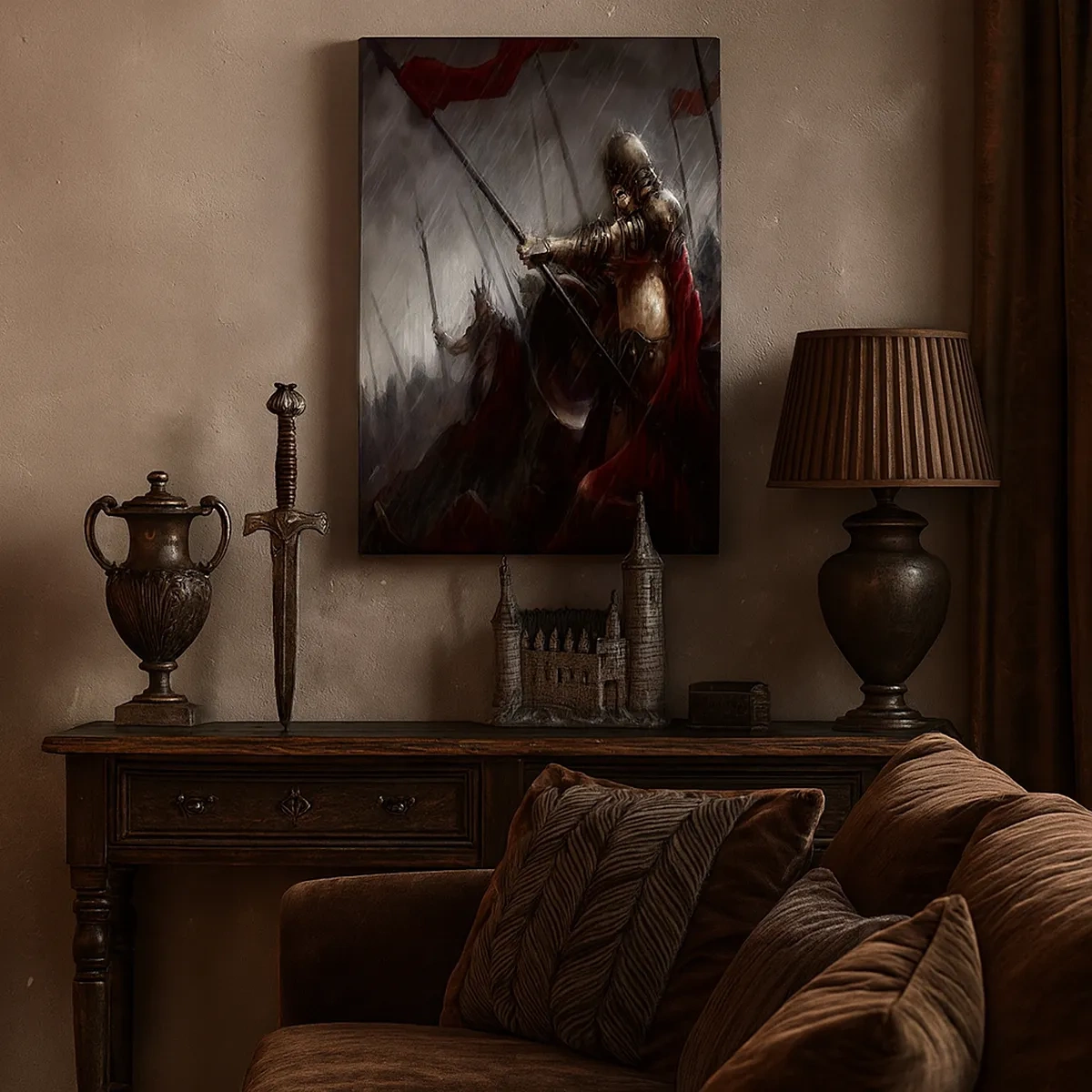 Obraz na płótnie - Rycerz w bitwie w deszczu - 50x70cm - Przechodniu, powiedz Sparcie… - Nowoczesna dekoracja ścienna do salonu, kuchni i sypialni ARTTOR