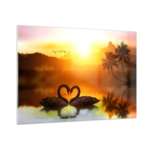 Obraz na szkle - Czarne łabędzie na jeziorze o zachodzie słońca - 100x70cm - Wszystko do pary - Nowoczesna dekoracja ścienna do salonu, kuchni i sypialni ARTTOR