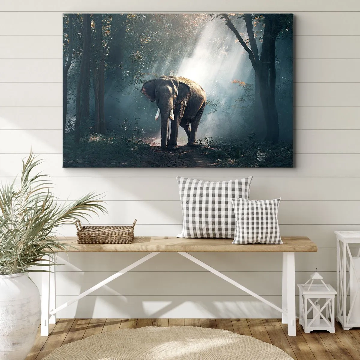 Obraz na płótnie - Słoń w świetle lasu - 70x50cm - Spokojna przechadzka - Nowoczesna dekoracja ścienna do salonu i sypialni ARTTOR