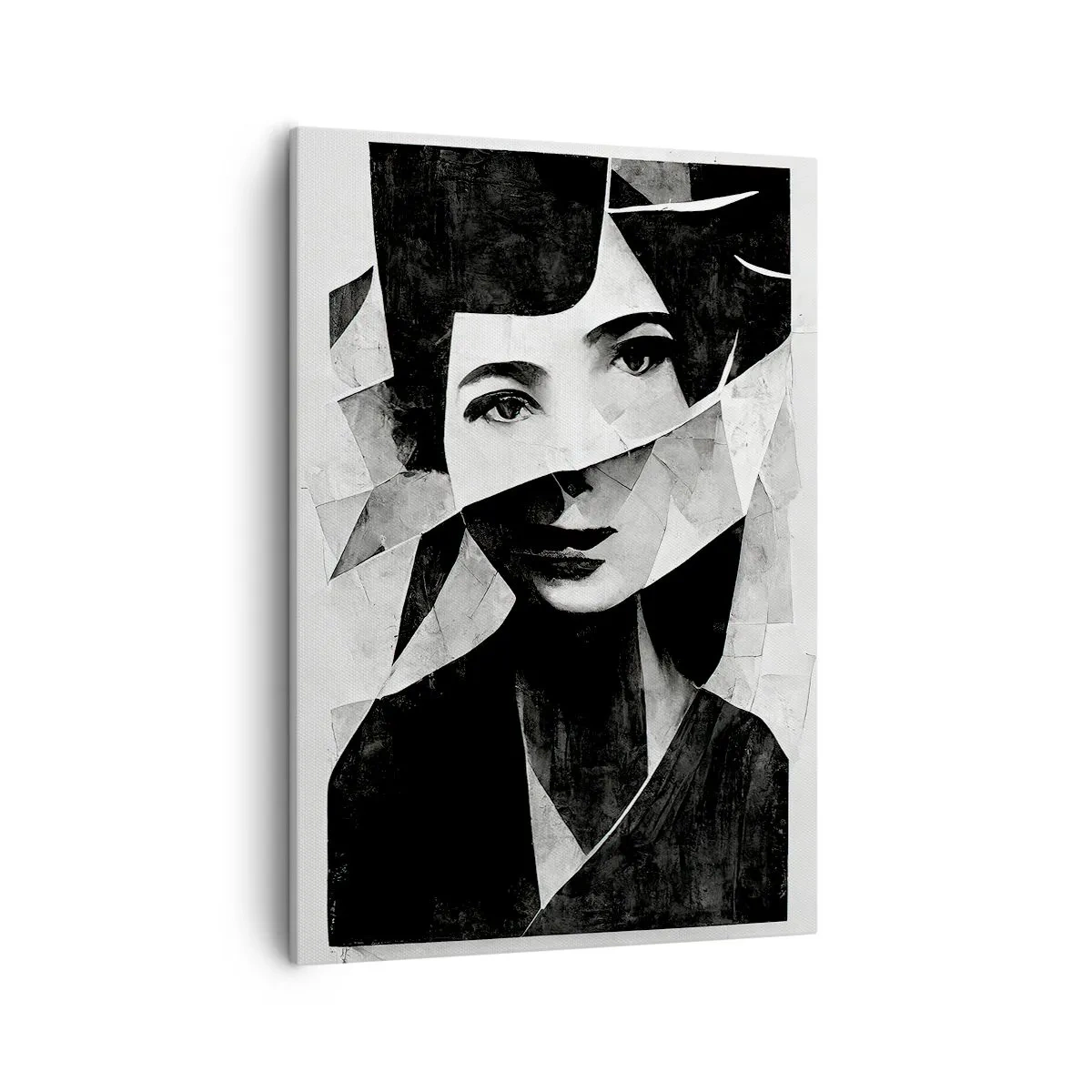Obraz na płótnie - Abstrakcyjny czarno-biały portret kobiety o geometrycznej formie - 50x70cm - Naprawdę jaka jesteś… - Nowoczesna dekoracja ścienna do salonu, kuchni i sypialni ARTTOR