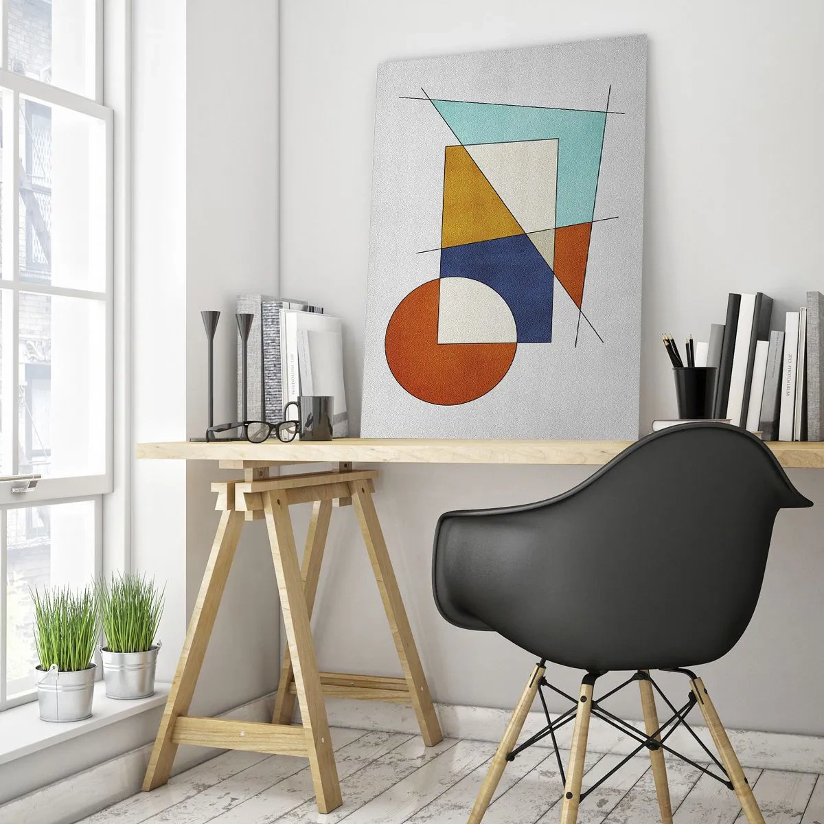 Obraz na szkle - Modernistyczna kompozycja geometrycznych kształtów i kolorów - 80x120cm - Abstrakcja: modernistyczna zabawa - Nowoczesna dekoracja ścienna do salonu i sypialni ARTTOR