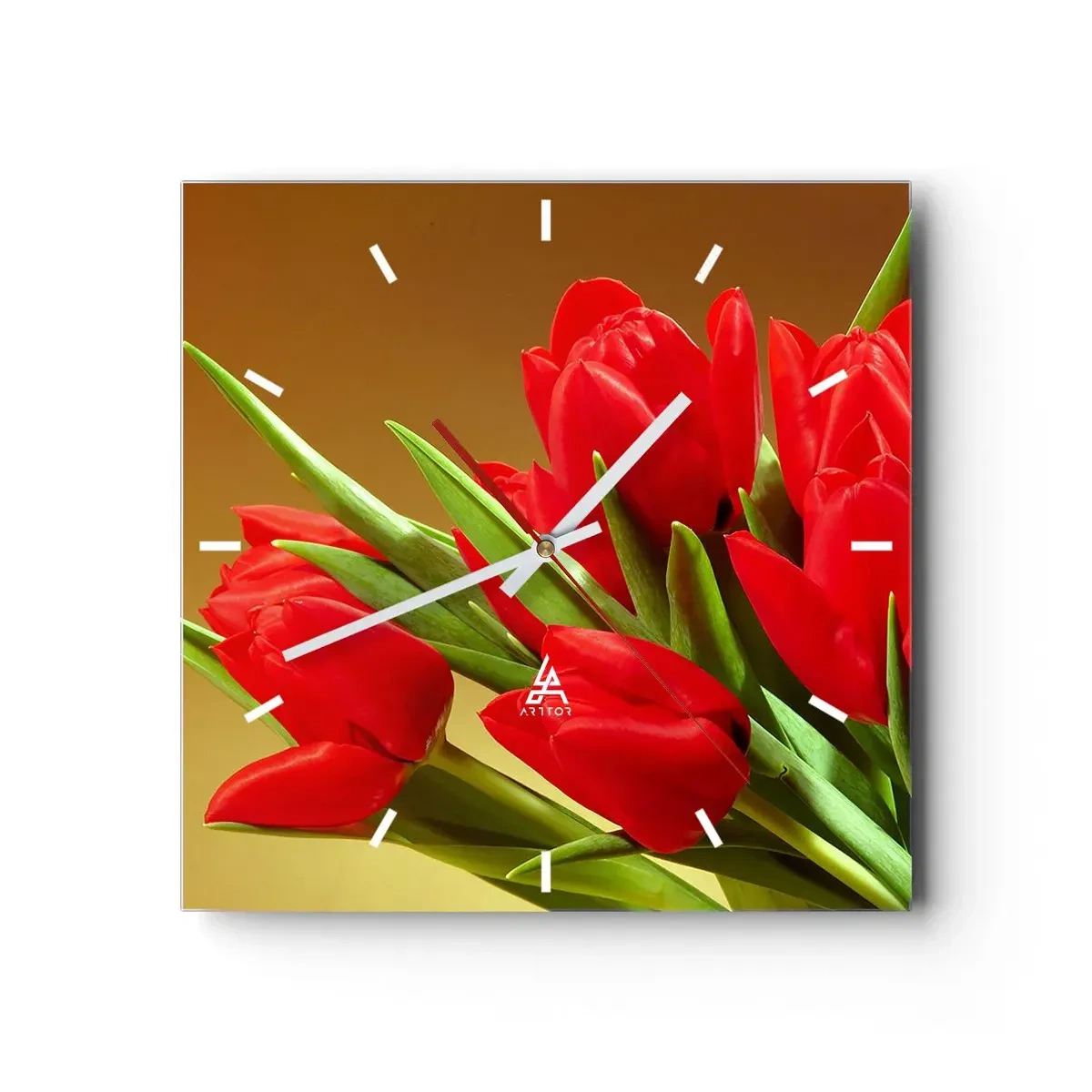 Zegar ścienny - Bukiet czerwonych tulipanów na złotym tle z zielonymi liśćmi - 30x30cm - Pęk wiosennej radości - Nowoczesna dekoracja ścienna do salonu i sypialni ARTTOR