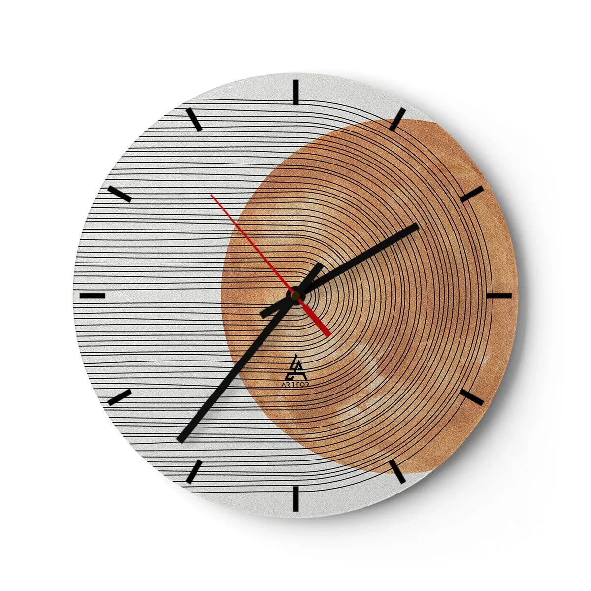 Zegar ścienny - Drewno i linie na jasnym tle w geometrycznej harmonii - 30x30cm - Kompozycja słoneczna - Nowoczesna dekoracja ścienna do salonu, kuchni i sypialni ARTTOR