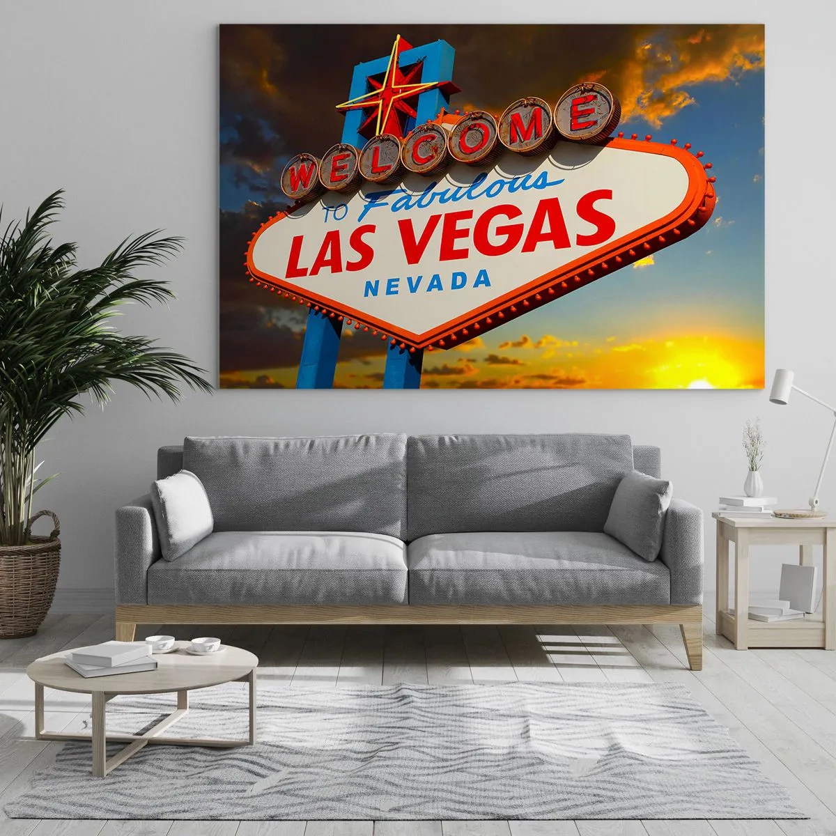 Obraz na szkle - Znak powitalny Las Vegas na tle zachodzącego słońca - 70x50cm - Po uśmiech losu - Nowoczesna dekoracja ścienna do salonu i sypialni ARTTOR
