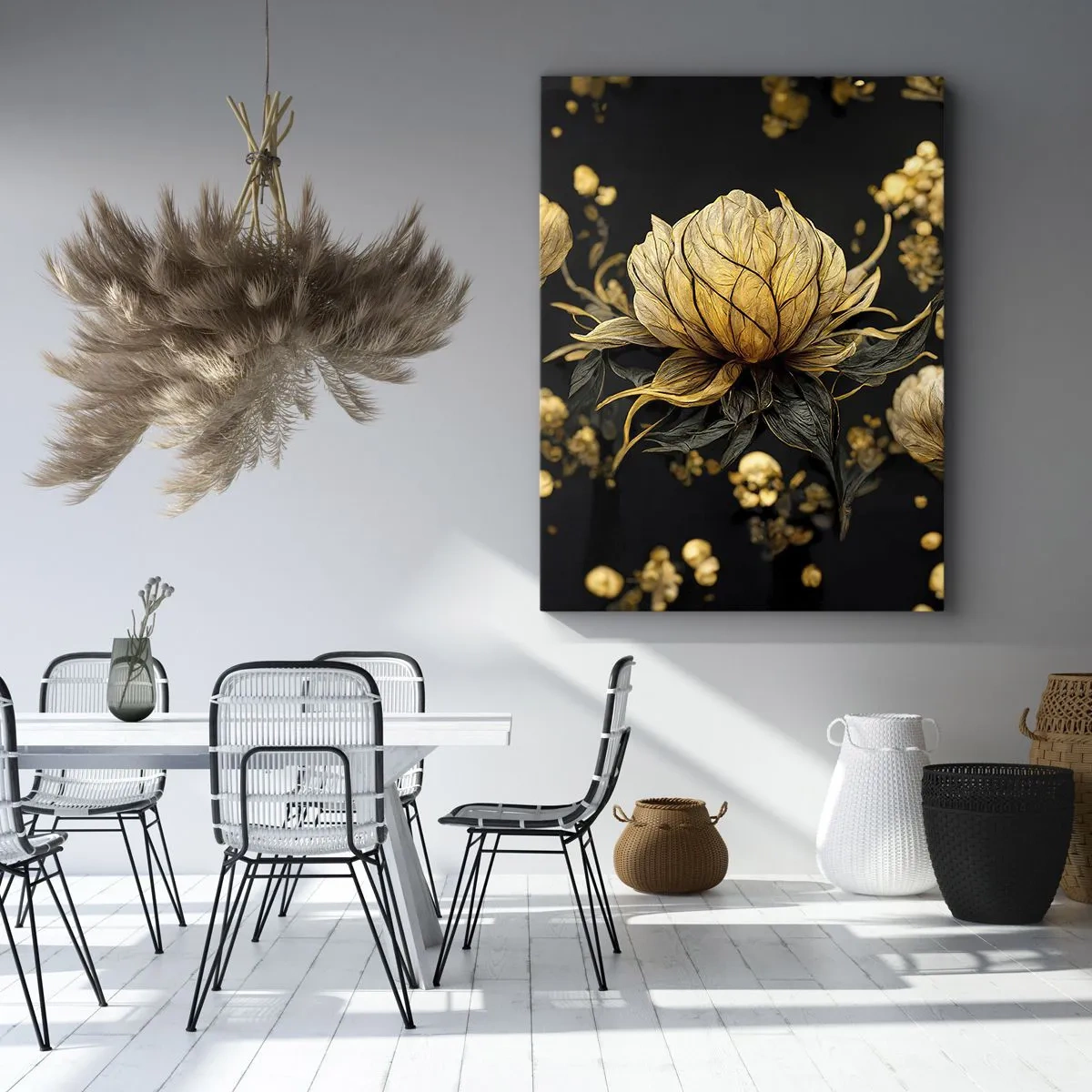 Obraz na płótnie - Złoty kwiat na czarnym tle w eleganckiej kompozycji - 50x70cm - Subtelna kruchość - Nowoczesna dekoracja ścienna do salonu, kuchni i sypialni ARTTOR