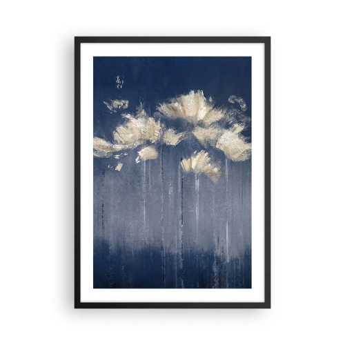 Plakat w czarnej ramie - Złote abstrakcyjne kwiaty na głębokim granatowym tle - 50x70cm - Jak płatki na wietrze - Nowoczesna dekoracja ścienna do salonu i sypialni ARTTOR