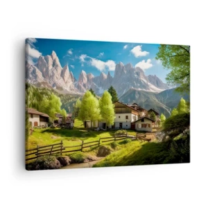 Obraz na płótnie - Górska wioska z domami i widokiem na szczyty Alp - 70x50cm - Alpejska sielanka - Nowoczesna dekoracja ścienna do salonu i sypialni ARTTOR