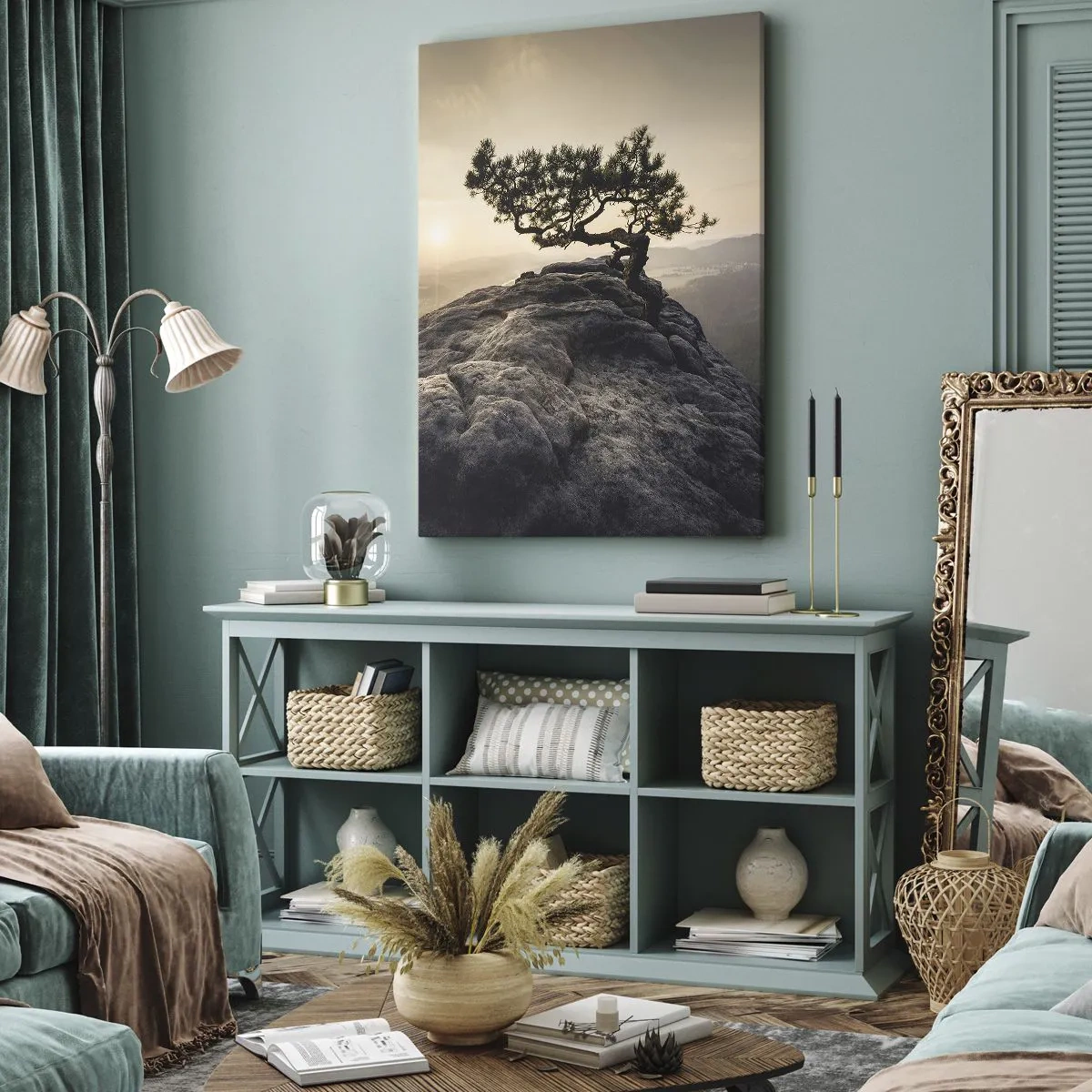 Obraz na płótnie - Samotne drzewo na skalistym szczycie w blasku słońca - 70x100cm - Życie zawsze zwycięża - Nowoczesna dekoracja ścienna do salonu i sypialni ARTTOR