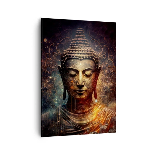 Obraz na płótnie - Mistyczna postać Buddy otoczona złotymi ornamentami - 50x70cm - Duchowa równowaga - Nowoczesna dekoracja ścienna do salonu, kuchni i sypialni ARTTOR