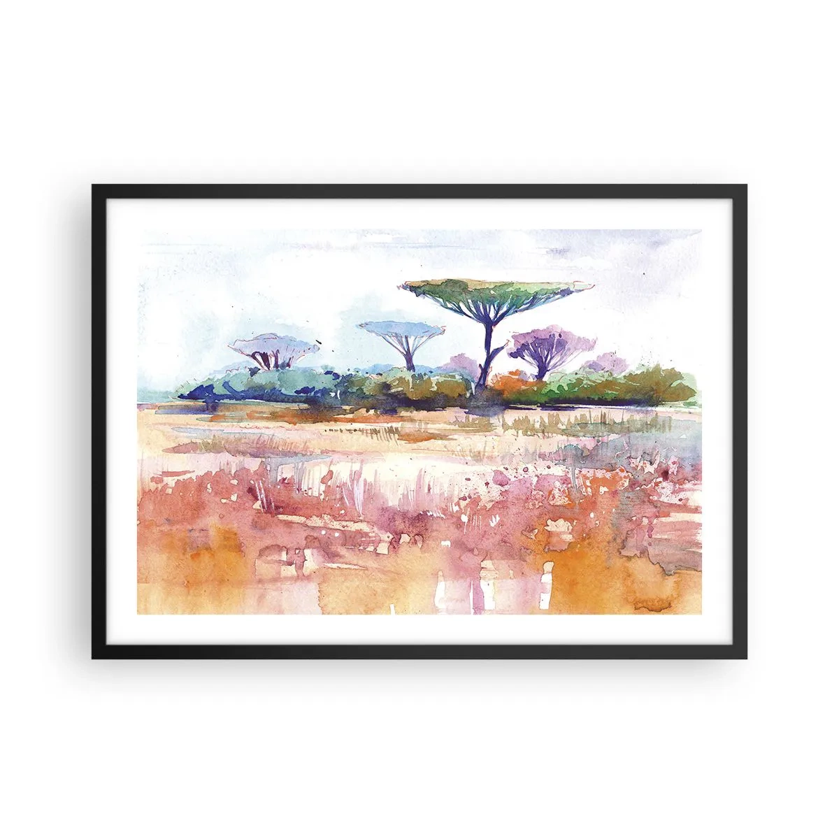 Plakat w czarnej ramie - Malowniczy krajobraz sawanny w akwarelowych barwach - 70x50cm - Kolory sawanny - Nowoczesna dekoracja ścienna do salonu i sypialni ARTTOR
