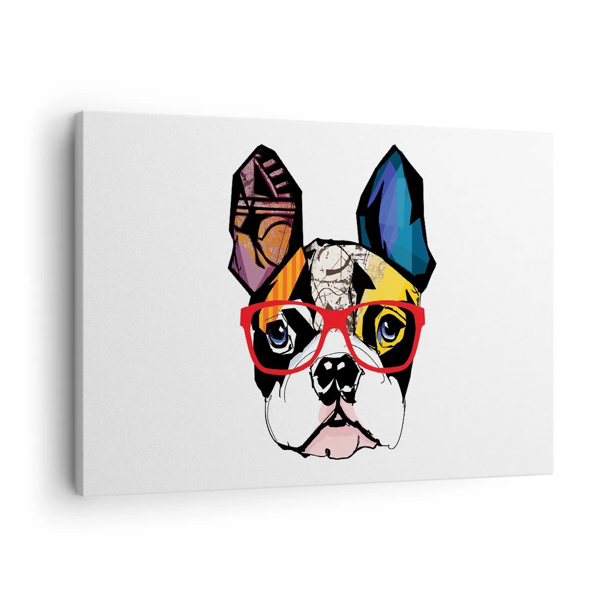 Obraz na płótnie - Bulldog w kolorowej ilustracji z czerwonymi okularami - 70x50cm - Intelektualista - Nowoczesna dekoracja ścienna do salonu i sypialni ARTTOR