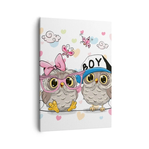 Obraz na płótnie - Urocze sówki w pastelowej kolorystyce - 50x70cm - Kochajmy się! - Nowoczesna dekoracja ścienna do salonu, kuchni i sypialni ARTTOR