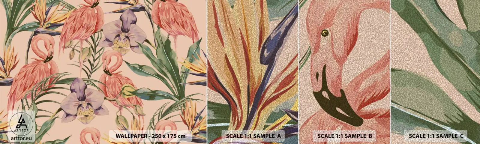 Fototapeta Próbka Premium Sand - Różowy balet w kwiatach - Ptak, Flaming, Dżungla - 100x30 cm