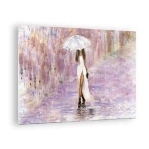 Obraz na szkle - Postać kobiety z parasolką w liliowej scenerii deszczu - 70x50cm - W liliowym deszczu - Nowoczesna dekoracja ścienna do salonu i sypialni ARTTOR