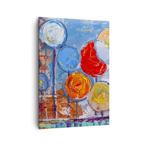 Obraz na płótnie - Abstrakcyjne okręgi w intensywnych kolorach na teksturowanym tle - 50x70cm - Cuda na kiju - Nowoczesna dekoracja ścienna do salonu, kuchni i sypialni ARTTOR