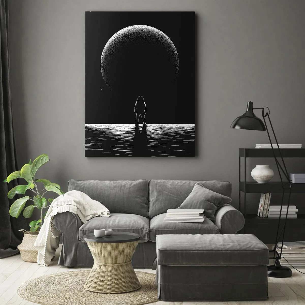 Obraz na płótnie - Astronauta stojący na powierzchni planety naprzeciw gigantycznego księżyca - 50x70cm - Twarzą w twarz - Nowoczesna dekoracja ścienna do salonu, kuchni i sypialni ARTTOR